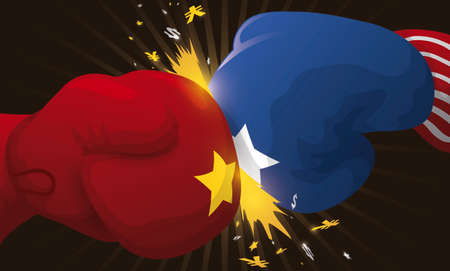 Banner with a pair of gloves crashing with money symbols, representing the trade war between China and USAのイラスト素材