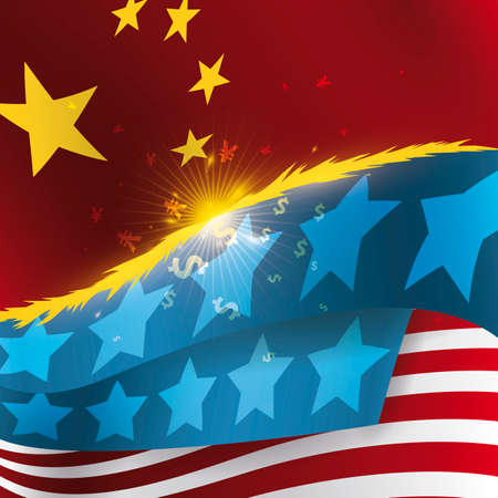Clashing USA and China flags with fire in its edges and glows like money symbols due Trade War.のイラスト素材