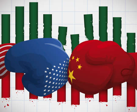 Gloves clashing and eroded statistics bars depicting the side effects of Trade War: China VS USA over squared background.のイラスト素材