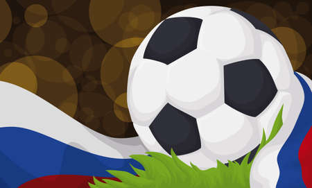 Banner with a soccer ball over the grass of the field and wrapped with Russian flag for the upcoming night match with bokeh effect in the background.のイラスト素材