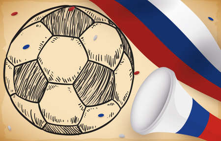Banner with patriotic football elements: Russian flag, trumpet, confetti and soccer ball in hand drawn style over scroll to celebrate special football event.のイラスト素材
