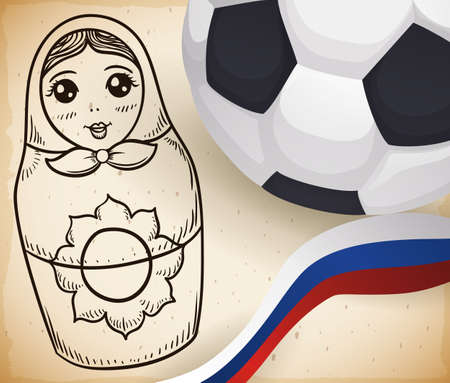 Scroll with cute matryoshka doll in hand drawn style, next to soccer ball and ribbon with Russian colors.のイラスト素材