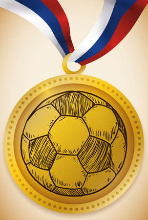 Gold medal award with a hand drawn soccer ball and ribbon with Russian colors for the first place during the international football event in Russia.のイラスト素材