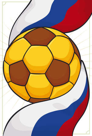 Golden soccer ball wrapped with Russian flag promoting international football championship in this country.のイラスト素材