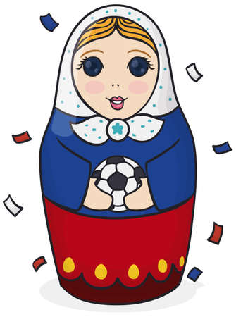 Poster with a cute female matryoshka doll, wearing the colors of Russia and holding a soccer ball under confetti shower.のイラスト素材
