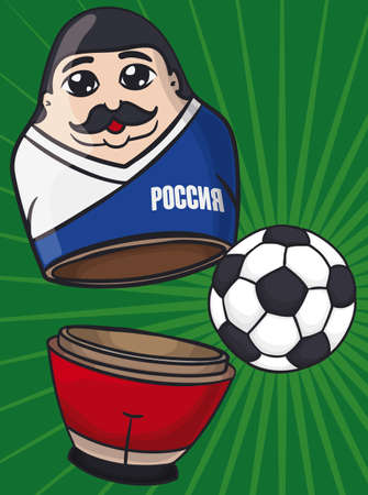 Funny male matryoshka doll with mustache like soccer player representing Russia (written in Russian) team opened, revealing a soccer ball inside of it.のイラスト素材