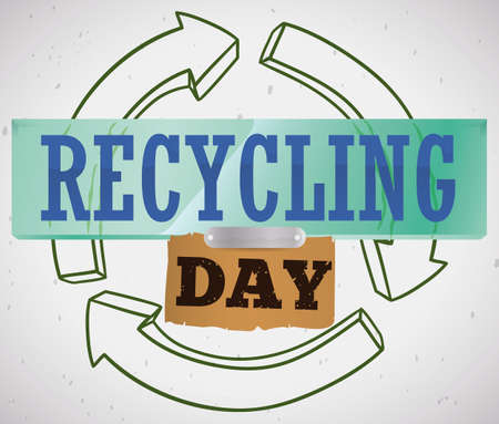 Poster with recyclable materials like glass, plastic, metal and paperboard over arrows symbol with message that promote awareness during Recycling Day celebration.のイラスト素材