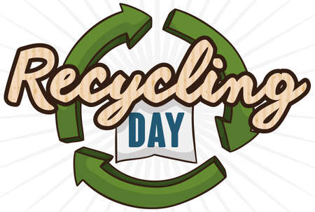 Banner with recycling arrows, sign in recycled cardboard and ribbon, promoting the Recycling Day commemoration.のイラスト素材