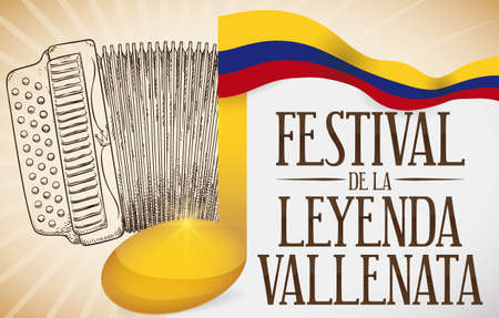 Banner with accordion in hand drawn style, golden music note covered with Colombian flag ready to celebrate the traditional Vallenato Legend Festival (written in Spanish).のイラスト素材