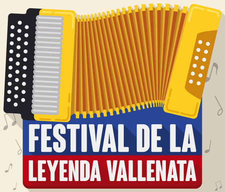 Design in flat style and long shadow with accordion like yellow color of Colombian flag and musical notes representing the contest during Vallenato Legend Festival (written in Spanish).のイラスト素材