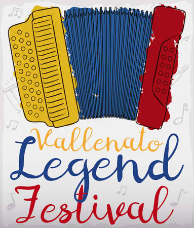 Postcard with an accordion with Colombian flag colors in brushstrokes over a doodle background with musical notes for traditional Vallenato Legend Festival.のイラスト素材