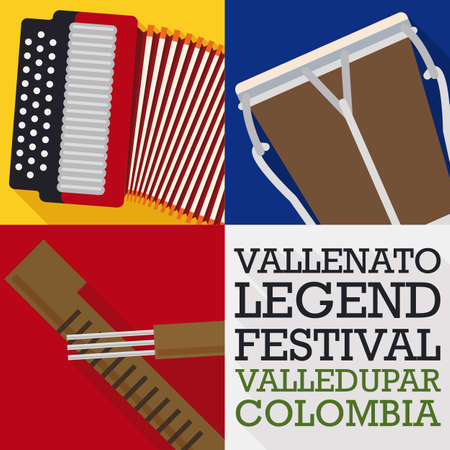 Poster in flat style and long shadow for Vallenato Legend Festival with traditional musical instruments: accordion, caja and guacharaca.のイラスト素材