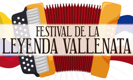 Promotional banner with accordion over Colombia and Valledupar waving flags for Vallenato Legend Festival (written in Spanish).のイラスト素材
