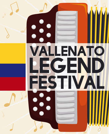 Postcard with accordion over musical notes background and label with Colombian flag to commemorate the Vallenato Legend Festival.のイラスト素材