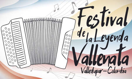 Banner with an accordion playing a beautiful melody for traditional Vallenato Legend Festival (written in Spanish) celebrated in Valledupar, Colombia.のイラスト素材