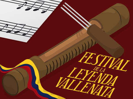 Fork and guacharaca with Colombian ribbon and vallenato stave ready to perform in the contest for Vallenato Legend Festival (written in Spanish).のイラスト素材