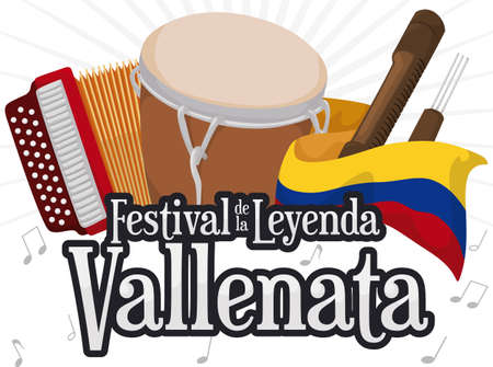 Traditional instruments for Vallenato Legend Festival (written in Spanish): accordion, caja vallenata drum, guacharaca, fork behind Colombian flag for this musical celebration.のイラスト素材