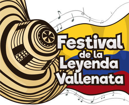 Festive poster with traditional vueltiao hat, Colombia flag and musical notes for Vallenato Legend Festival (written in Spanish).のイラスト素材