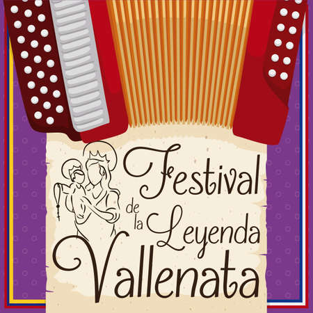 Postcard with accordion and greeting scroll with the draw of the Lady of the Rosary and frame with ribbons of Colombia and Valledupar flags for Vallenato Legend Festival (written in Spanish).のイラスト素材