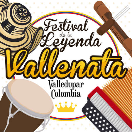 Traditional elements of the Colombian Vallenato Legend Festival (written in Spanish): accordion, caja vallenata drum, guacharaca, fork and sombrero vueltiao -or turned hat- over tricolor round label.のイラスト素材