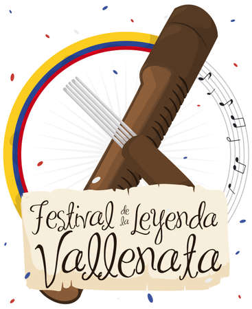 Round button with one half with Colombian flag and the other with a music stave and in middle a wooden guacharaca with fork, a symbol of Vallenato Legend Festival (written in Spanish in the scroll).のイラスト素材