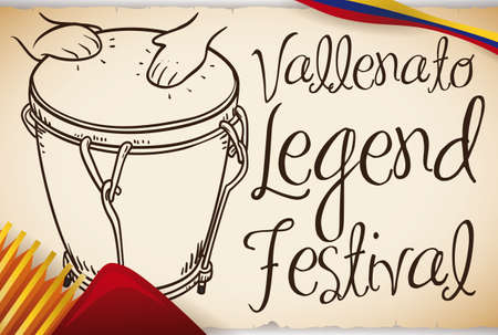 Banner with scroll and a "caja vallenata" drum played for a hands in hand drawn style, a view of the bellows of an accordion and tricolor ribbon for the Vallenato Legend Festival.のイラスト素材