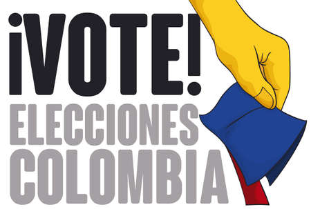Banner with hand depositing electoral card with Colombian colors and inviting you to participate in elections with your vote (written in Spanish).のイラスト素材