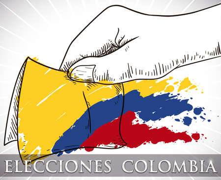 Hand drawn design with hand holding electoral paper and brushstrokes like Colombia flag for Colombian Elections event (written in Spanish).のイラスト素材