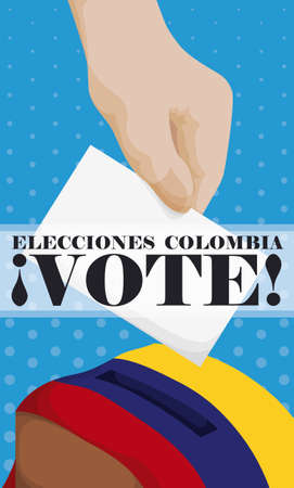 Promotional poster for electoral event in Colombia (written in Spanish, inviting you to vote), with voter making its choice and depositing a vote inside urn dressed with Colombian flag.のイラスト素材