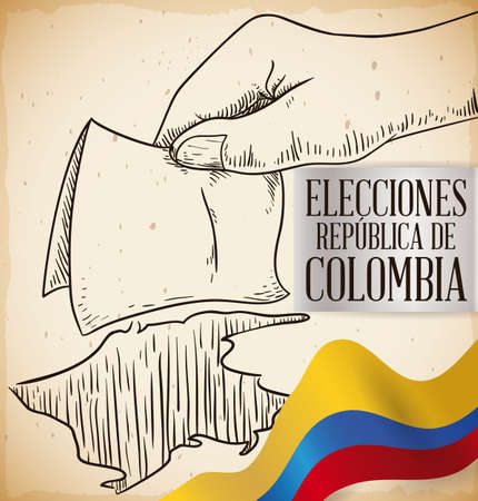Hand drawn design with hand holding a electoral card and depositing in urn hole like Colombian map, promoting to vote in Colombia elections contest (written in Spanish in the silver label).のイラスト素材