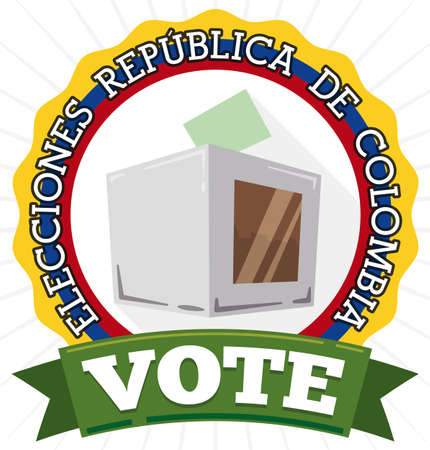 Campaign design in flat style and long shadow with tricolor button for Colombian elections event decorated with ribbon, electoral card and box that promotes to vote (texts written in Spanish).のイラスト素材