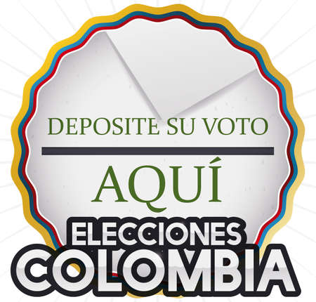 Poster with round button decorated with tricolor ribbon and hole like electoral urn and vote promoting Colombian Elections event (written in Spanish).のイラスト素材