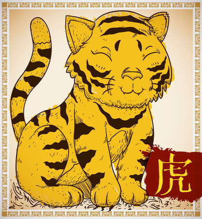 Cute tiger (written in Chinese calligraphy in the red ink) in hand drawn style and painted with yellow brushstrokes over a background with pattern.のイラスト素材
