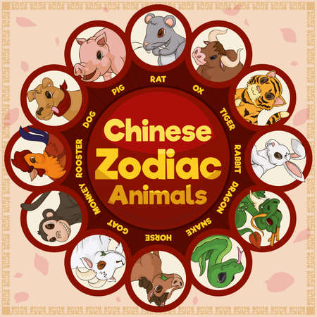 Cartoon poster with all the Chinese Zodiac animals represented in a cute way over a cherry blossom and traditional pattern.のイラスト素材