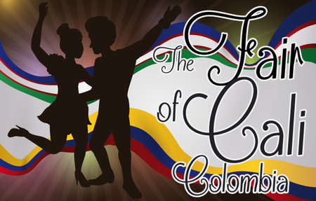 Banner with the silhouette of Salsa couple dancing in the Colombian celebration of Fair of Cali over waving flags.のイラスト素材