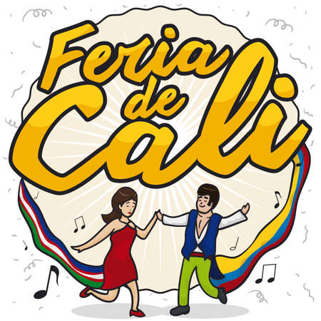 Young woman dancing with a professional salsa dancer in the Feria de Cali celebration (written in Spanish) decorated with musical notes, flags of Colombia and the city.のイラスト素材
