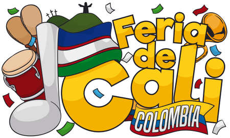 Beautiful view of Cali city landscapes: Cristo Rey and the Three Crosses monument decorated with the traditional Cali Fair instruments to celebrate this big party (written in Spanish).のイラスト素材