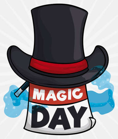 Poster with elegant magician top hat, wand, a sign like a loose-leaf calendar with greeting message for Magic Day celebration and mist.のイラスト素材