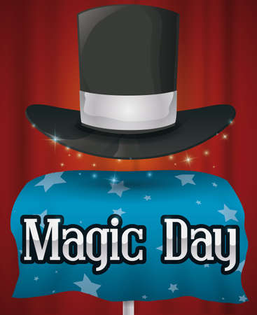 Commemorative poster for Magic Day with a performance of a magic trick in the stage: the fabulous floating magic hat over starry tablecloth.のイラスト素材