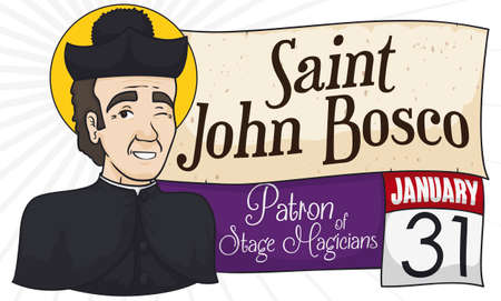 Saint John Bosco, the patron of the stage magicians and illusionists, with scroll and loose-leaf calendar winking at you to commemorate the International Magicians' Day in January 31.のイラスト素材