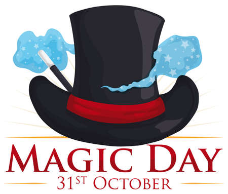 Commemorative poster for Magic Day with elegant top hat and some magical mist around it coming from the magic wand, to commemorate this date in October 31.のイラスト素材