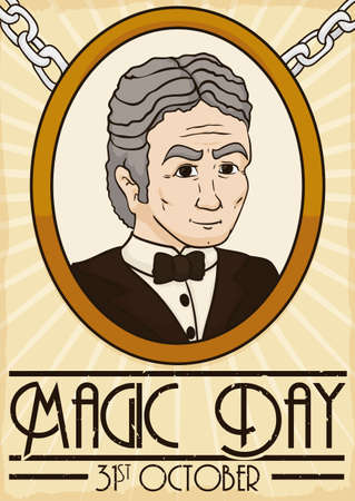 Retro design with a commemorative brooch with Harry Houdini picture to commemorate his decease date and spectacular legacy during Magic Day in October 31.のイラスト素材