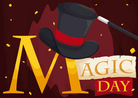 Poster with elegant top hat over a golden M letter next to scroll and ribbon, over a theater curtain in the stage, ready for the upcoming show in Magic Day.のイラスト素材