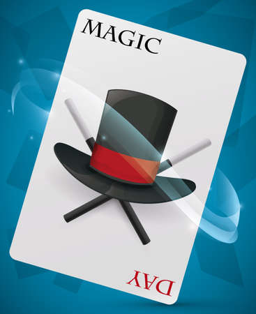 Poster with special card with a top hat design and wands promoting Magic Day and the skills of a magician.のイラスト素材