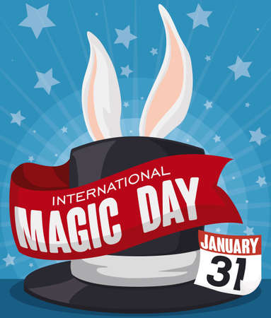Poster with a hat in starry stage and a rabbit ready to do its performance in an incredible magic trick with a red ribbon and loose-leaf calendar to commemorate the World Magic Day in January 31.のイラスト素材