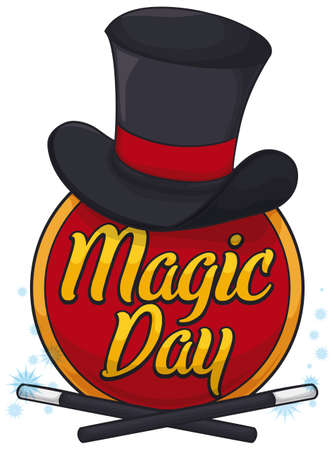 Poster with a red round button with magician's gear: top hat and magic wands to commemorate Magic Day.のイラスト素材