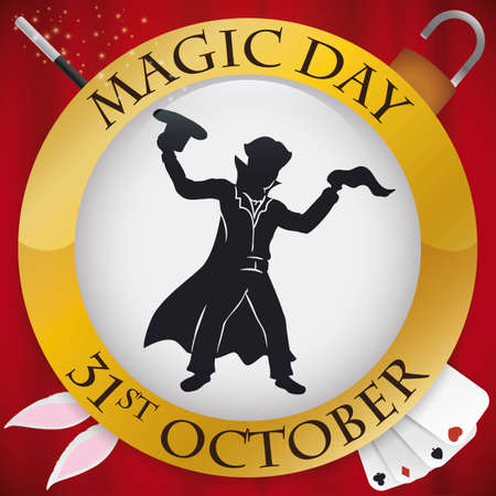 Button with magician silhouette ready to perform some magical spectacles during Magic Day: fabrics and bunny from a top hat, playing card tricks, escape of padlocks and more illusions with magic wand.のイラスト素材