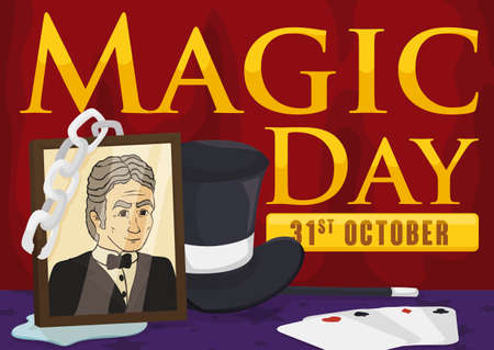 Elements to remember the fantastic magic shows of Harry Houdini during Magic Day this 31st October: portrait, escapist chains, some of water puddle, top hat, playing card set and magic wand.のイラスト素材
