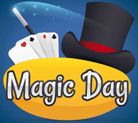 Traditional set to perform magic tricks during Magic Day: elegant top hat, playing card set and magical wand.のイラスト素材