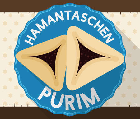 Flat design with long shadow and a round button with delicious Hamantaschen cookies over starry scroll for Jewish holiday of Purim.のイラスト素材
